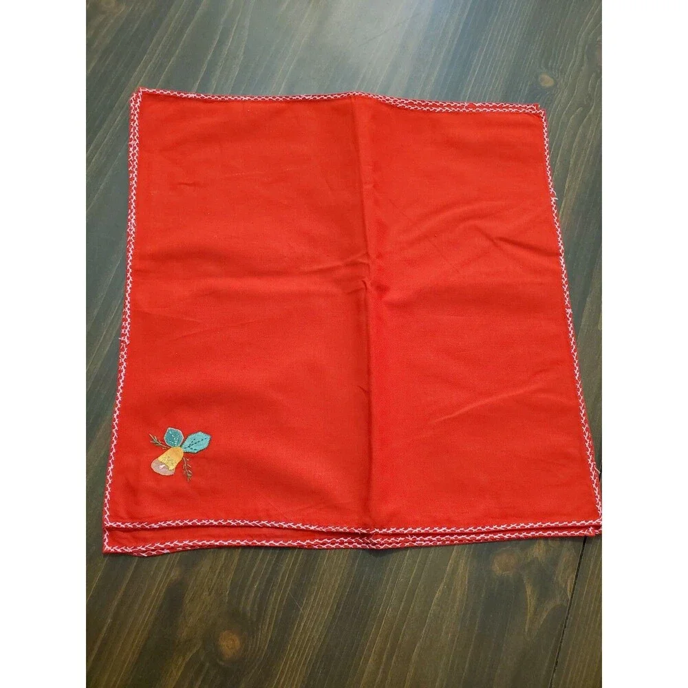 Vintage Cloth Napkins set 4 Red Holly Bell Applique Embroidered Christmas 15.5